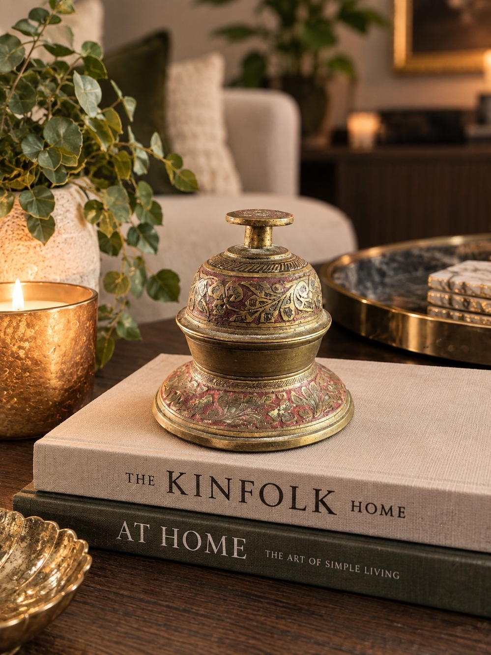 Brass Decorative Bell with Aged Red Accent -  Handcrafted Home Accent